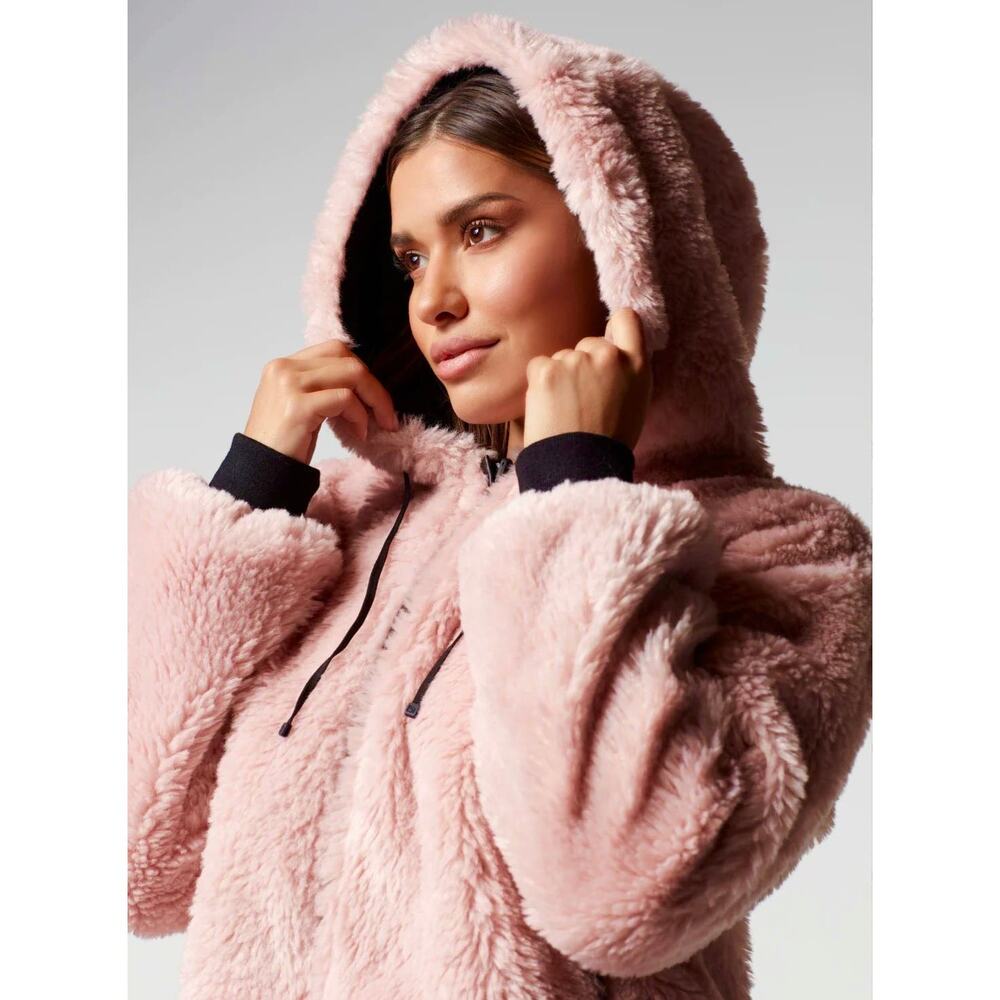 BLANC NOIR JACKET Women's Size XS Pink Black Faux Shearling REVERSIBLE HOODED - Picture 2 of 9
